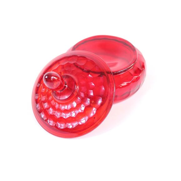 Vintage Viking Glass Georgian Ruby Red Honeycomb Candy Dish And Lid 6" Diameter - Picture 4 of 8